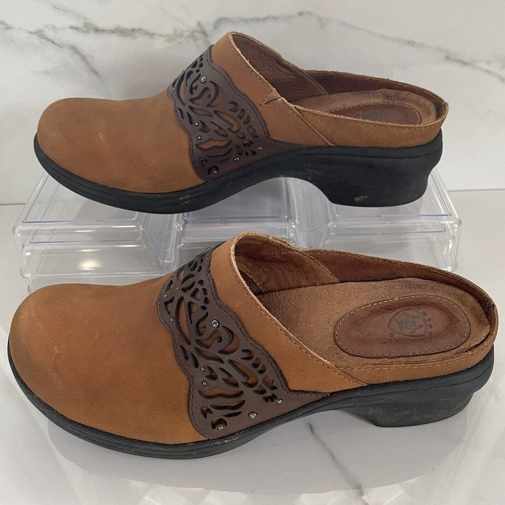Womens Ariat Clogs Brown Tan Leather Mules Slip On Size 8 - Picture 2 of 12